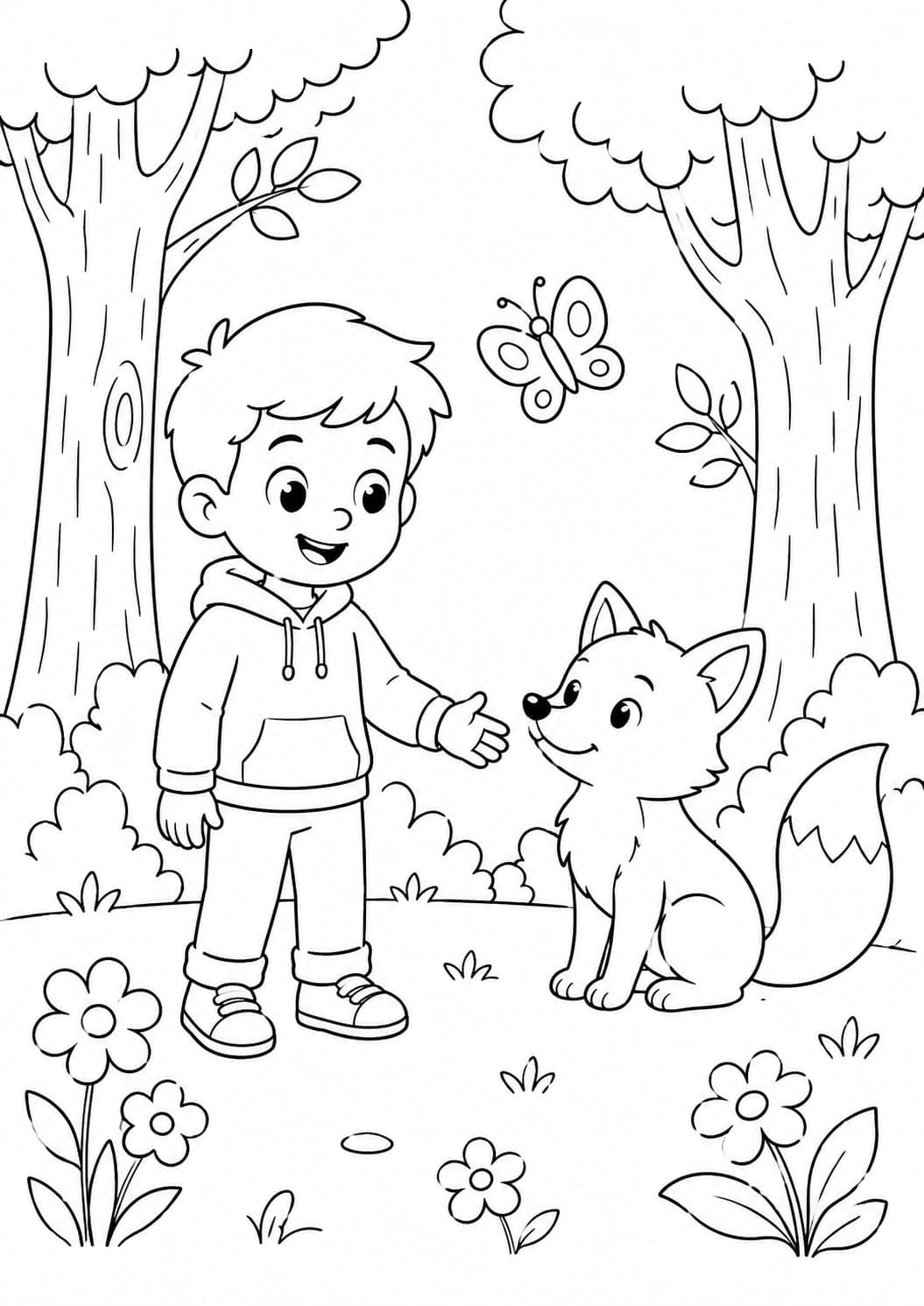 Sample coloring page for ages 6–8: medium detail with characters and background