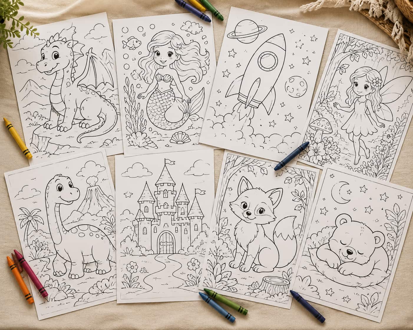 Eight different Fabelyn coloring book pages spread on a cream surface showing dragons, mermaids, space and forest themes