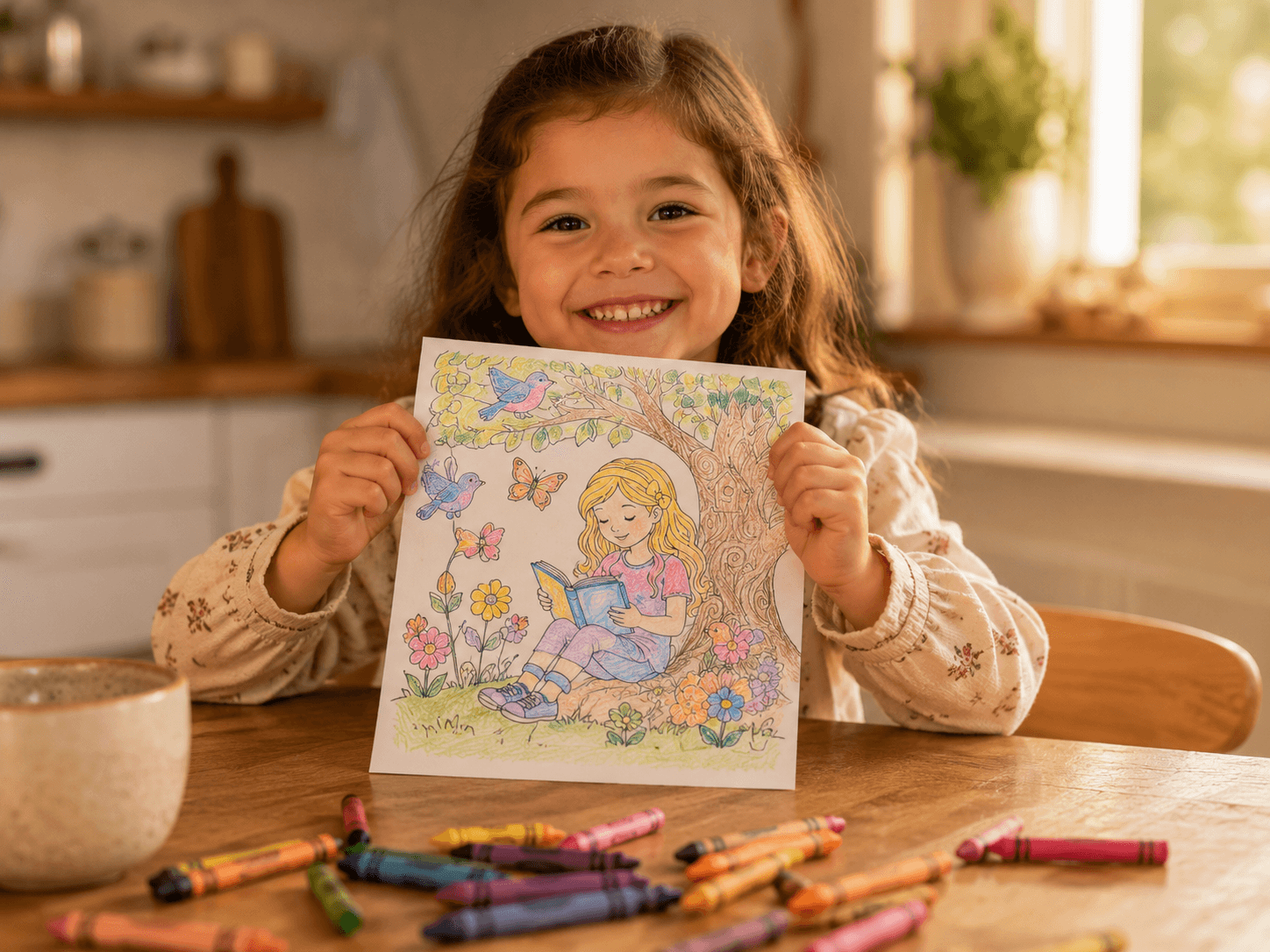 A young child holding up a finished colored page with a big proud smile, crayons on the table