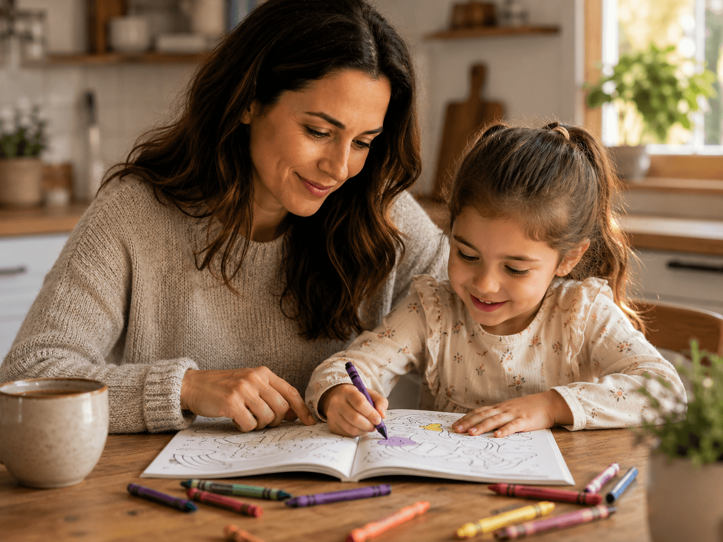 A mother and daughter coloring together at a kitchen table