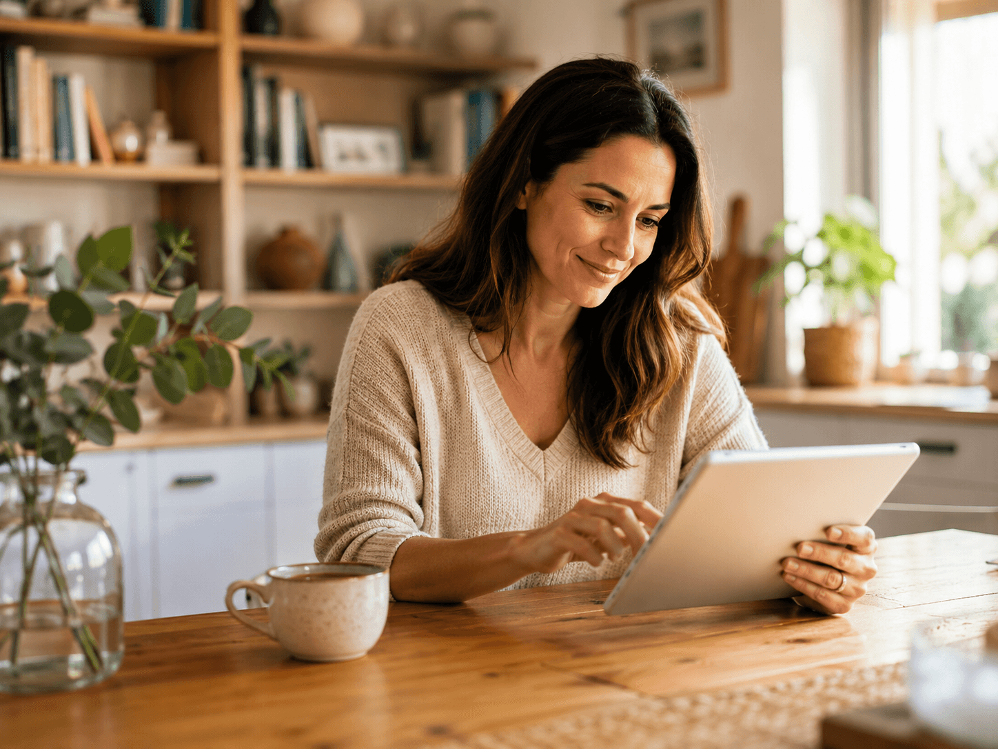 A parent writing a story idea on a tablet at a cozy kitchen table