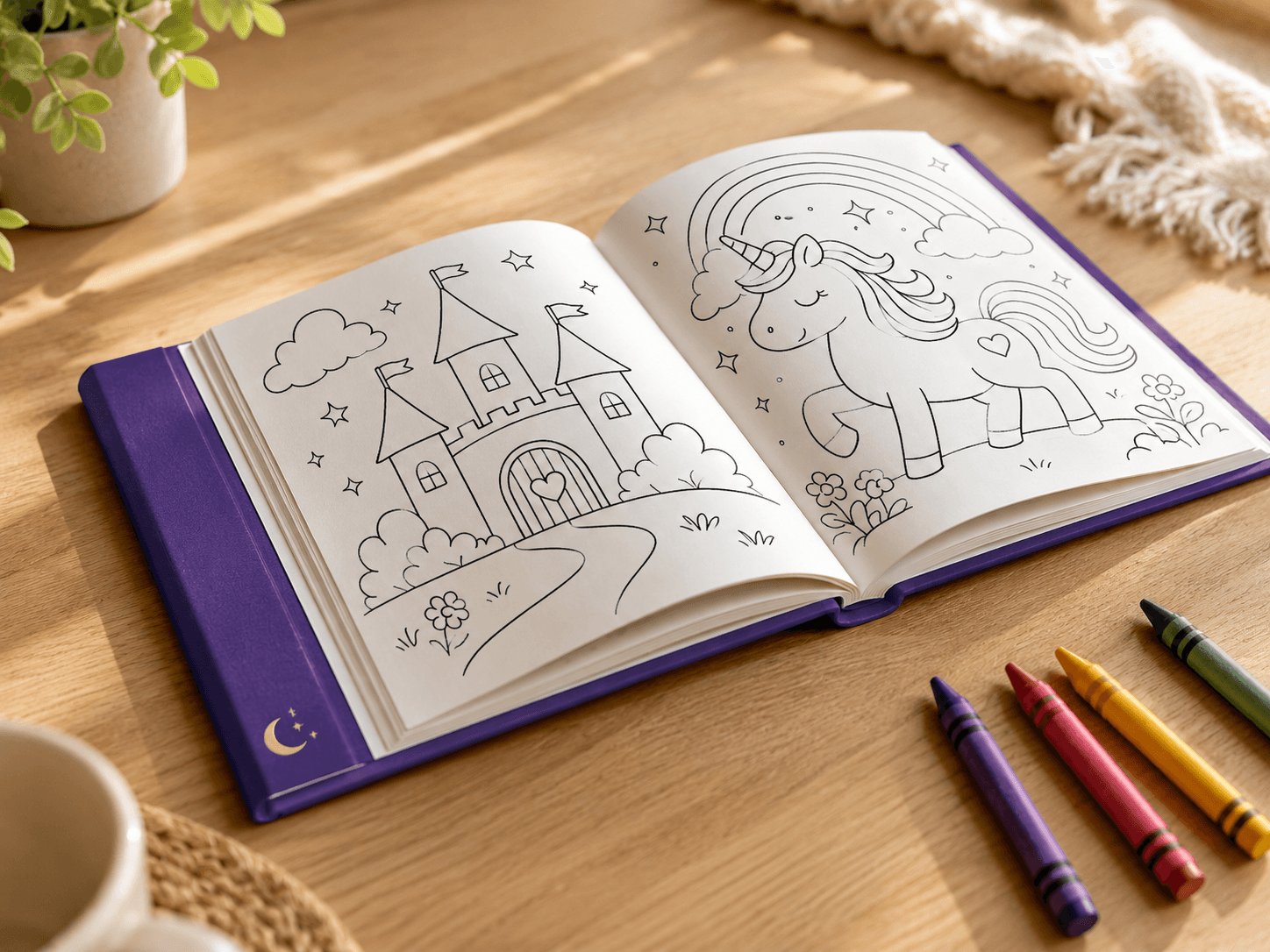 A printed Fabelyn coloring book open on a wooden table with crayons beside it
