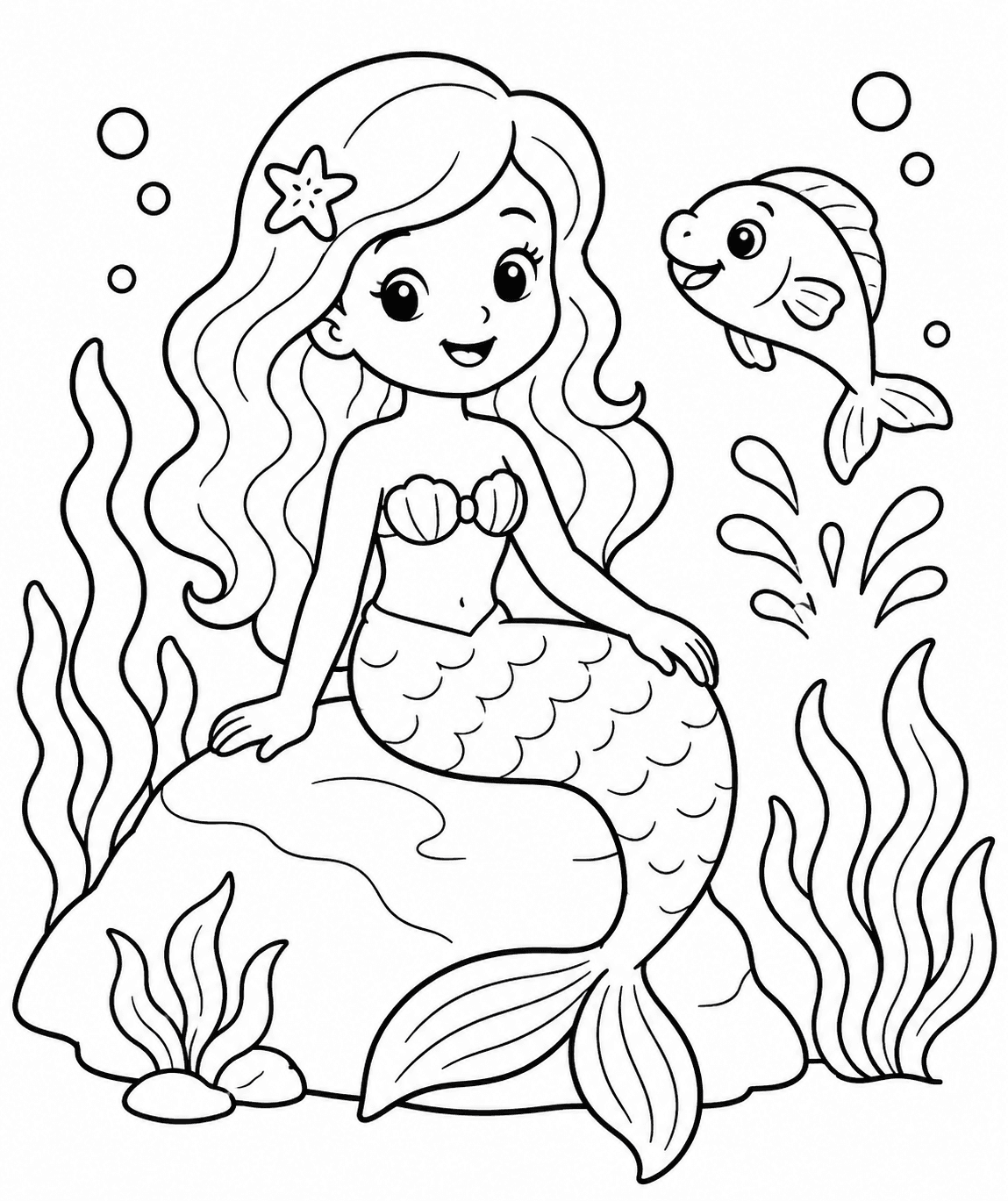 Mermaid coloring page for ages 6–8 with medium detail