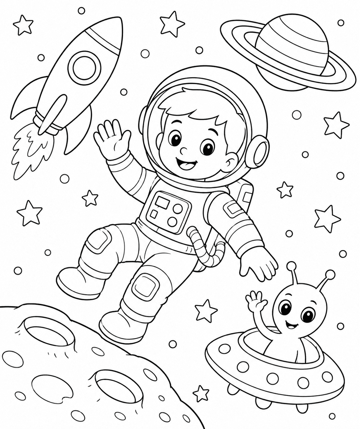 Space explorer coloring page for ages 9–12 with rich detail