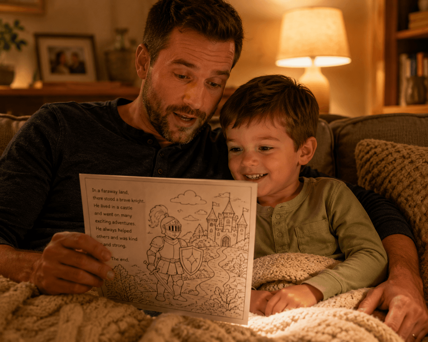 A father reading the story text from a coloring book page aloud to a young child beside him on a cozy couch